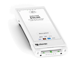 A Clover POS system terminal shows $45.56 sale with payment gateway options for merchant services and credit card processing.