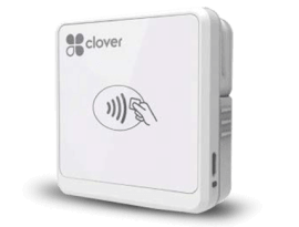 A white Clover POS device for merchant services, featuring payment gateway tech and tap-to-pay.