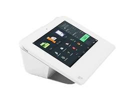 Modern white POS system touchscreen for merchant services and credit card payment processing.