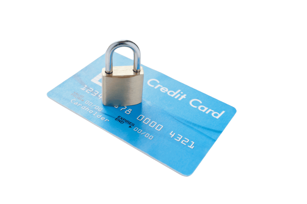 A padlock on a credit card symbolizes secure payment processing in POS systems.