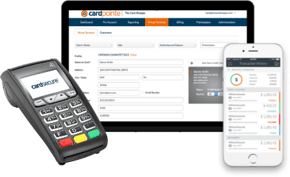 A tablet shows a POS system, flanked by a payment terminal and smartphone displaying merchant services transaction history.