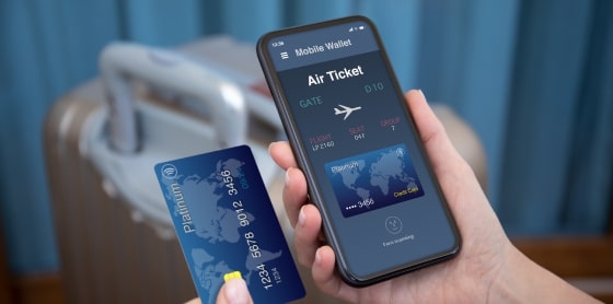 Smartphone shows air ticket and platinum card, symbolizing merchant payment solutions.