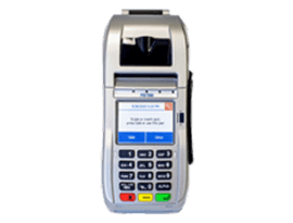 Handheld FD150 POS system for merchant services and credit card payment processing.