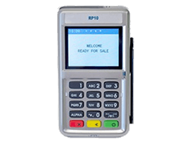 A POS payment terminal for merchant services and credit card payment processing, screen showing "WELCOME READY FOR SALE.