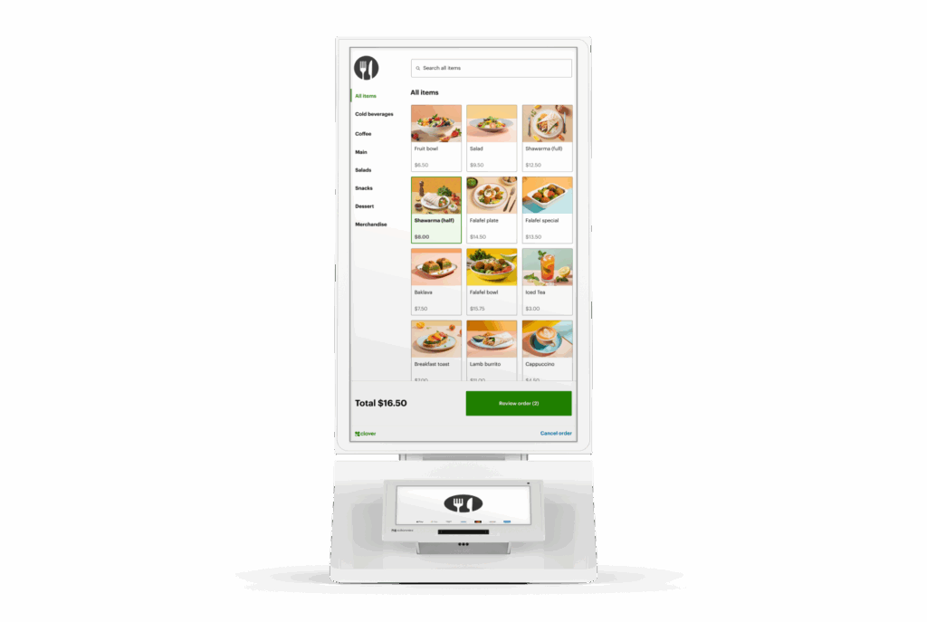 POS touchscreen with food menu, order total, and credit card payment processing interface.