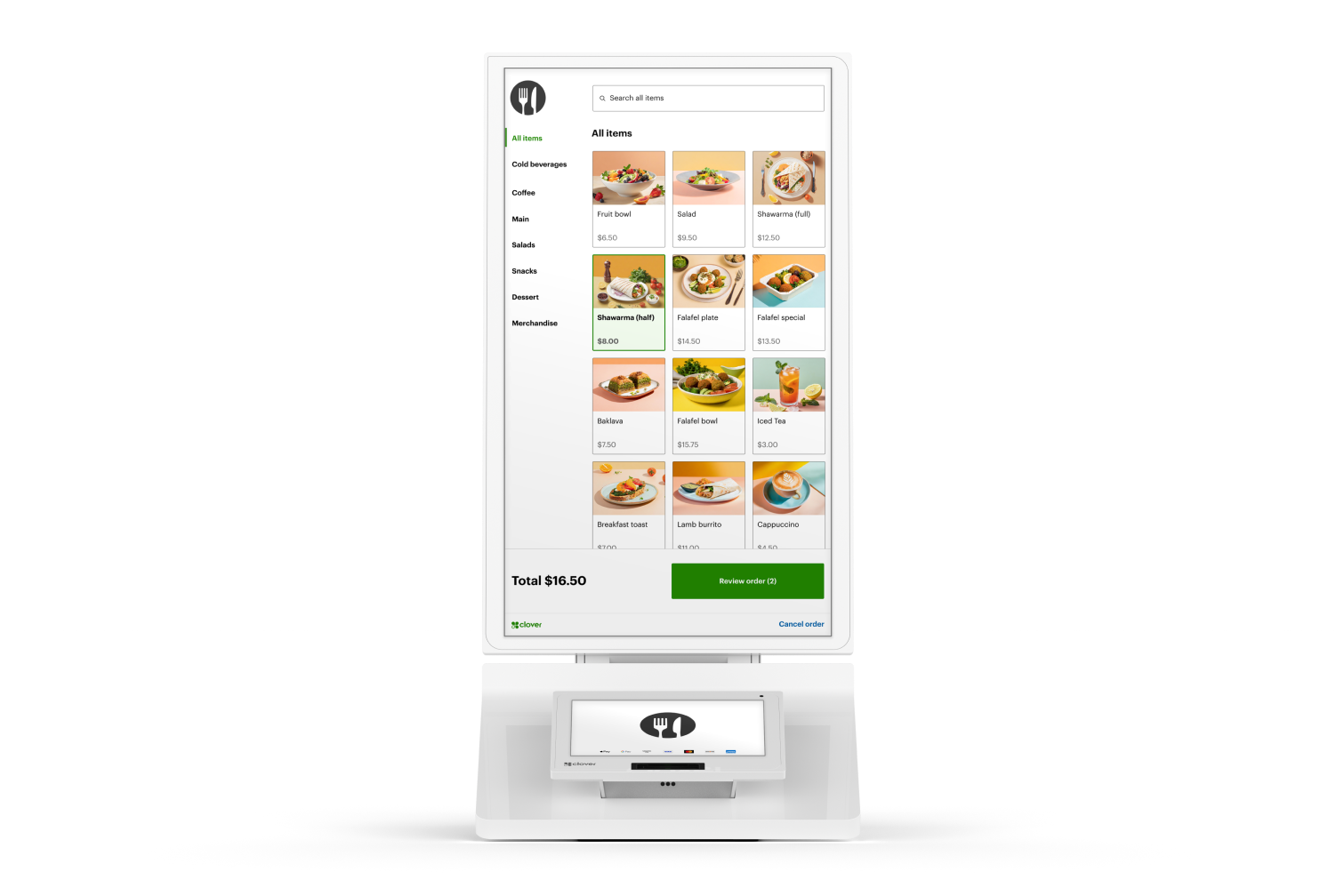 POS touchscreen with food menu, order total, and credit card payment processing interface.