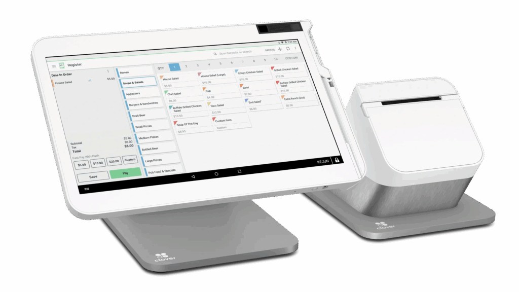 A white POS system with a payment gateway and receipt printer for merchant services and credit card processing.