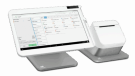 A white POS system with a payment gateway and receipt printer for merchant services and credit card processing.