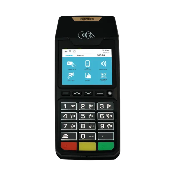 A black Ingenico POS terminal for merchant services and payment processing, showing payment gateway options on its display.