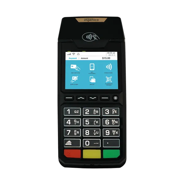 A black Ingenico POS terminal for merchant services and payment processing, showing payment gateway options on its display.