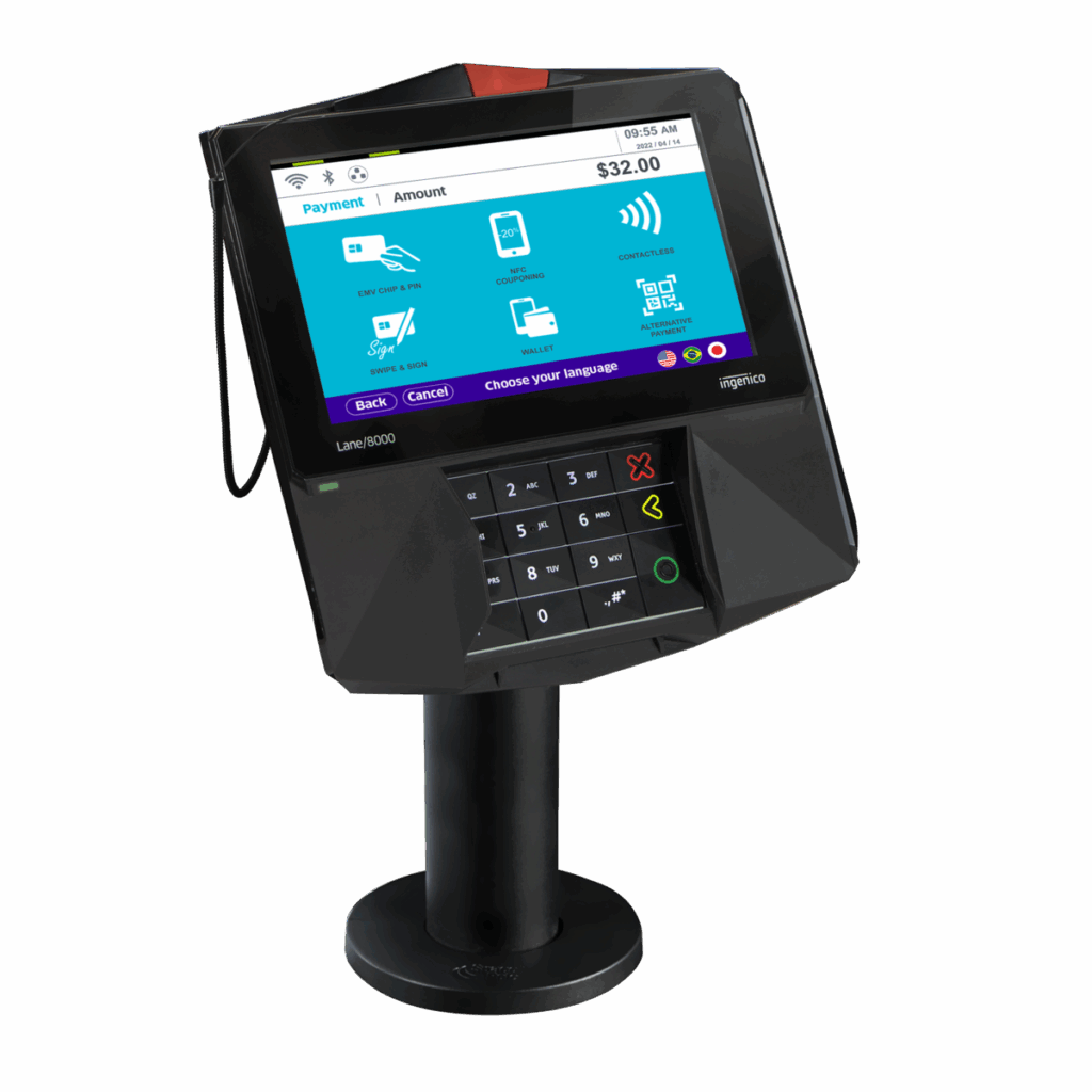 A POS system touchscreen shows a $32 payment with merchant services, payment gateway, and card processing options.