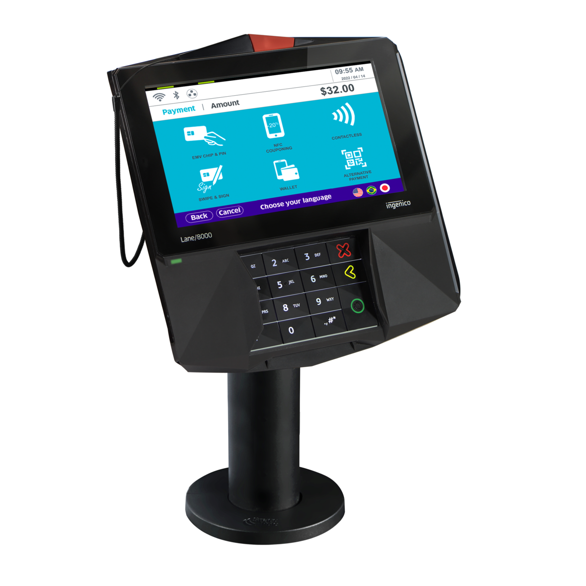 A POS system touchscreen shows a $32 payment with merchant services, payment gateway, and card processing options.