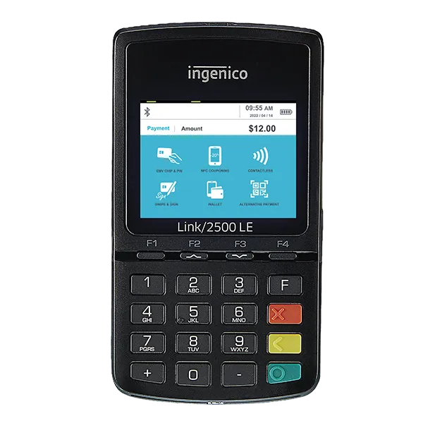 Ingenico Link/2500 LE POS device for merchant services and payment processing shows $12 sale.