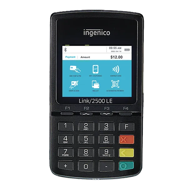 Ingenico Link/2500 LE POS device for merchant services and payment processing shows $12 sale.