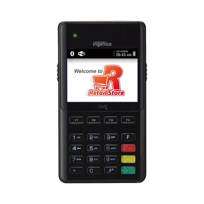 A black Ingenico POS terminal screen reads "Welcome to Retail Store," highlighting merchant services, payment solutions, and credit card processing.