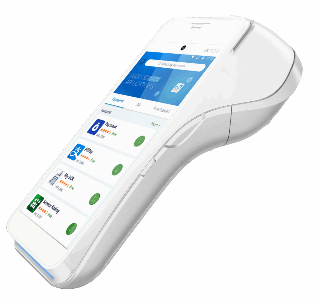 A white handheld POS system with a touchscreen for merchant services and payment processing.