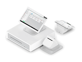A white POS system with touchscreen, cash drawer, scanner, and printer for merchant services and secure credit card payment processing.